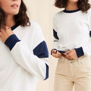 Faherty Beach Fleece Ringer Sweatshirt Top Women Navy/White Organic Cotton Large